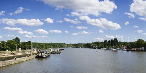 Framed Container ships at a canal lock, Neckar River, Lauffen am Neckar, Baden-Wurttemberg, Germany Print