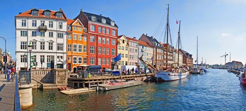 Framed Buildings along a canal with boats, Nyhavn, Copenhagen, Denmark Print