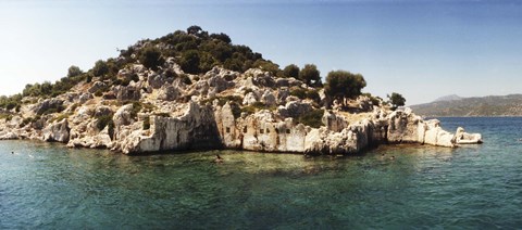 Framed Rocky island in the Mediterranean sea, Sunken City, Kekova, Antalya Province, Turkey Print