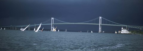 Framed Storm approaches sailboats racing past Rose Island lighthouse and Newport Bridge in Narragansett Bay, Newport, Rhode Island USA Print