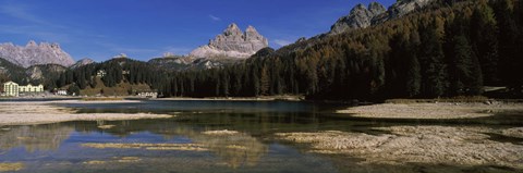 Framed Lake with a mountain range, Lake Misurina, Tre Cime Di Lavaredo, Dolomites, Cadore, Province of Belluno, Veneto, Italy Print