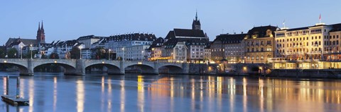 Framed Bridge across a river with a cathedral, Mittlere Rheinbrucke, St. Martin's Church, River Rhine, Basel, Switzerland Print