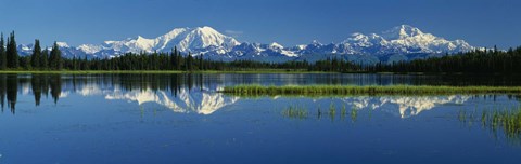 Framed Reflection Of Mountains In Lake, Mt Foraker And Mt Mckinley, Denali National Park, Alaska, USA Print