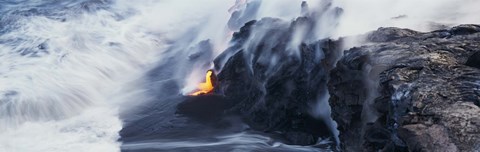 Framed High angle view of lava flowing into the Pacific Ocean, Volcano National Park, Hawaii, USA Print