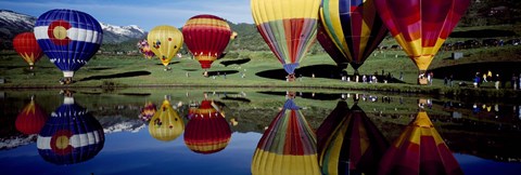 Framed Reflection of hot air balloons in a lake, Snowmass Village, Pitkin County, Colorado, USA Print