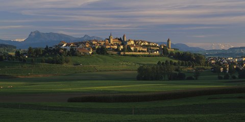 Framed Houses on a hill, Romont, Switzerland Print