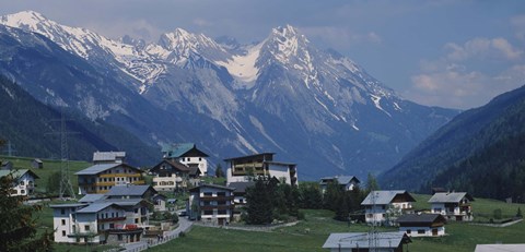 Framed High angle view of a village on a landscape and a mountain range in the background, St. Anton, Austria Print