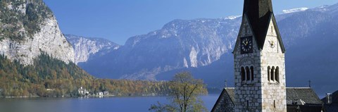 Framed Church at the lakeside, Hallstatt, Salzkammergut, Austria Print