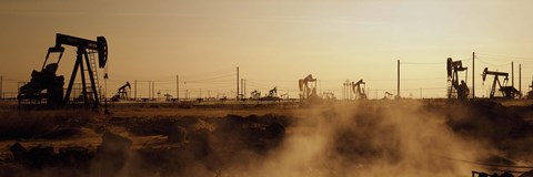 Framed Oil drills in a field, Maricopa, Kern County, California Print