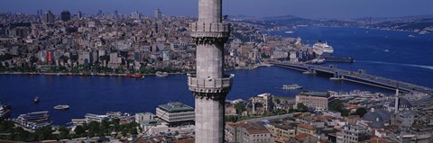 Framed Mid section view of a minaret with bridge across the bosphorus in the background, Istanbul, Turkey Print