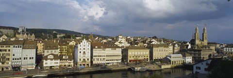 Framed High Angle View Of A City, Grossmunster Cathedral, Zurich, Switzerland Print