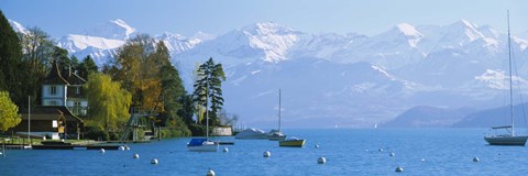 Framed Lake on the mountainside, Lake Thun, Hilterfingen, Canton of Bern, Switzerland Print