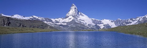 Framed Panoramic View Of A Snow Covered Mountain By A Lake, Matterhorn, Zermatt, Switzerland Print