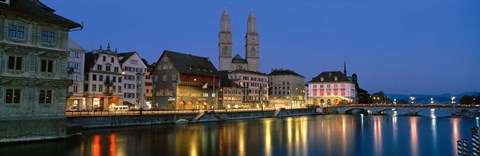 Framed Buildings at the waterfront, Grossmunster Cathedral, Zurich, Switzerland Print