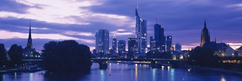 Framed Buildings lit up at night, Frankfurt, Germany Print