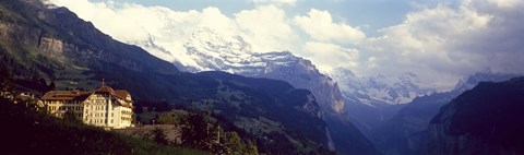 Framed Hotel with mountain range in the background, Swiss Alps, Switzerland Print