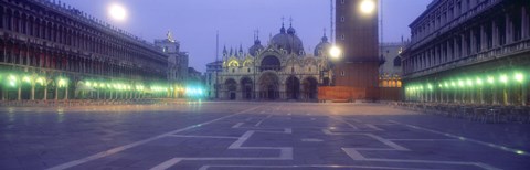 Framed Street lights lit up in front of a cathedral at sunrise, St. Mark&#39;s Cathedral, St. Mark&#39;s Square, Venice, Veneto, Italy Print