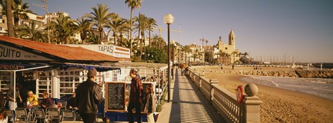 Framed Tourists in a cafe, Tapas Cafe, Sitges Beach, Catalonia, Spain Print
