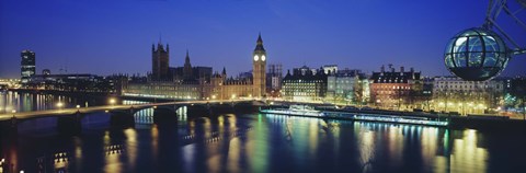 Framed Buildings lit up at dusk, Big Ben, Houses Of Parliament, Thames River, London, England Print