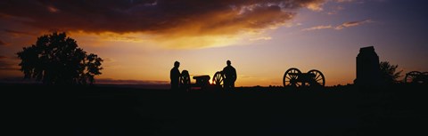 Framed Silhouette of statues of soldiers and cannons in a field, Gettysburg National Military Park, Pennsylvania, USA Print