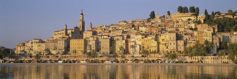 Framed Buildings On The Waterfront, Eglise St-Michel, Menton, France Print