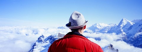 Framed Man Contemplating Swiss Alps, Switzerland Print