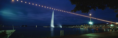 Framed Fountain at night, Jet D&#39;eau, Geneva, Switzerland Print