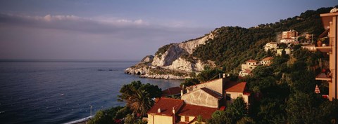 Framed High angle view of a city near the sea, Ligurian Sea, Italian Rivera, Bergeggi, Liguria, Italy Print