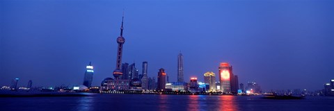 Framed Buildings at the waterfront lit up at dusk, Pudong, Shanghai, China Print
