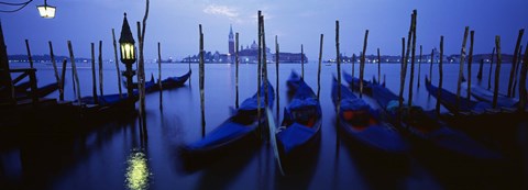Framed Moored Gondolas at Night, Grand Canal, Venice, Italy Print