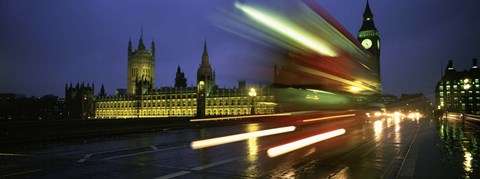 Framed England, London, Houses of Parliament, Traffic moving in the night Print