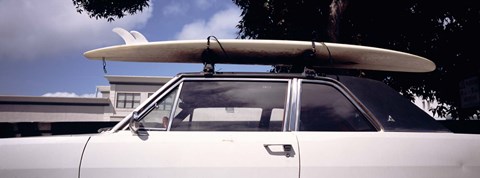 Framed California, Surf board on roof of car Print