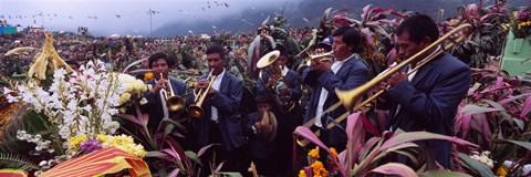 Framed Musicians Celebrating All Saint&#39;s Day By Playing Trumpet, Zunil, Guatemala Print