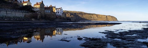 Framed Reflection Of Buildings In Water, Robin Hood&#39;s Bay, North Yorkshire, England, United Kingdom Print