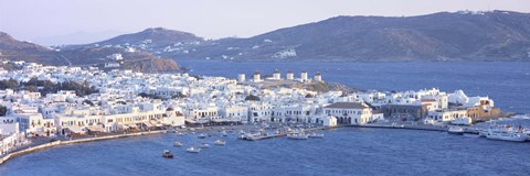 Framed High angle view of a town on the waterfront, Mykonos harbor, Cyclades Islands, Greece Print