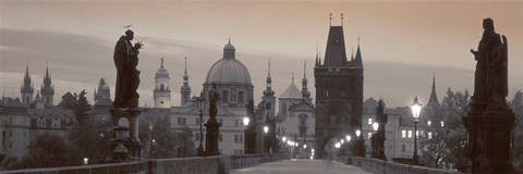 Framed Lit Up Bridge At Dusk, Charles Bridge, Prague, Czech Republic (black and white) Print
