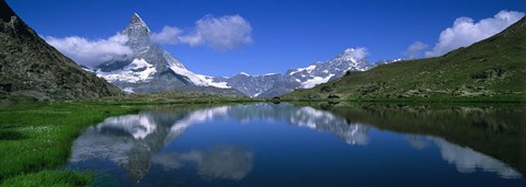 Framed Reflection of mountains in water, Riffelsee, Matterhorn, Switzerland Print