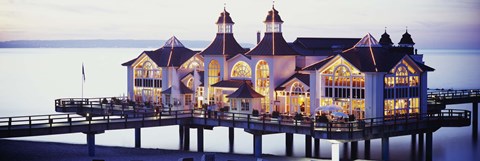 Framed Sea Bridge Lit Up At Dusk, Sellin, Isle Of Ruegen, Germany Print