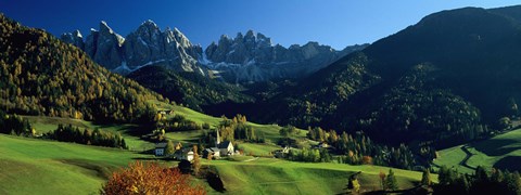 Framed Buildings on a landscape, Dolomites, Funes Valley, Le Odle, Santa Maddalena, Tyrol, Italy Print