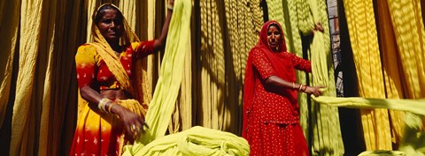 Framed Portrait of two mature women working in a textile industry, Rajasthan, India Print