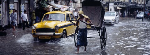 Framed Cars and a rickshaw on the street, Calcutta, West Bengal, India Print