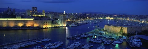 Framed Old Port at dusk, Marseille, Bouches-Du-Rhone, Provence-Alpes-Cote Daze, France Print