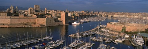 Framed High angle view of boats docked at a port, Old Port, Marseille, Bouches-Du-Rhone, Provence-Alpes-Cote Daze, France Print