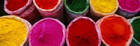 Framed High angle view of various powder paints, Braj, Mathura, Uttar Pradesh, India Print