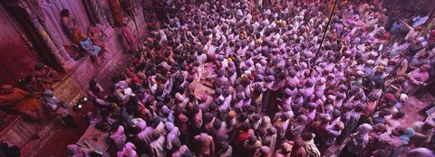 Framed High angle view of people celebrating holi, Braj, Mathura, Uttar Pradesh, India Print