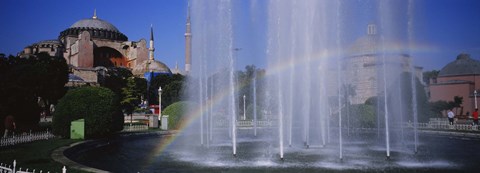 Framed Water fountain with a rainbow in front of museum, Hagia Sophia, Istanbul, Turkey Print