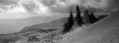 Framed Rock formations on hill in black and white, Isle of Skye, Scotland Print