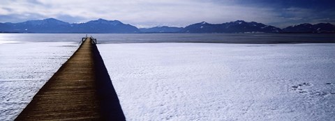 Framed Jetty over a frozen lake, Chiemsee, Bavaria, Germany Print