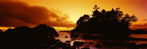 Framed Silhouette of rocks and trees at sunset, Tofino, Vancouver Island, British Columbia, Canada Print