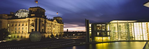 Framed Buildings lit up at night, The Reichstag, Spree River, Berlin, Germany Print
